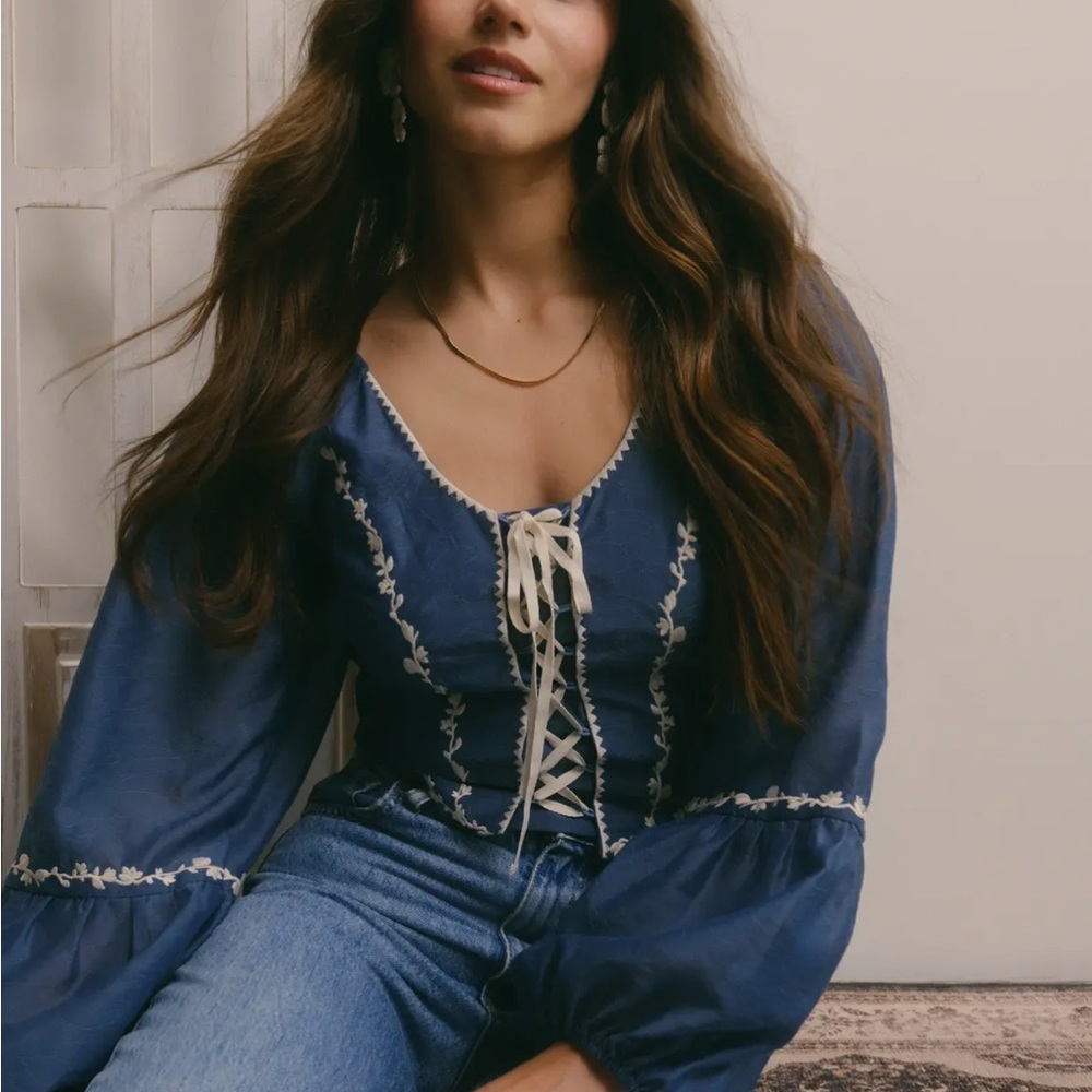 Forte Blue Long Sleeve Top with White Accents